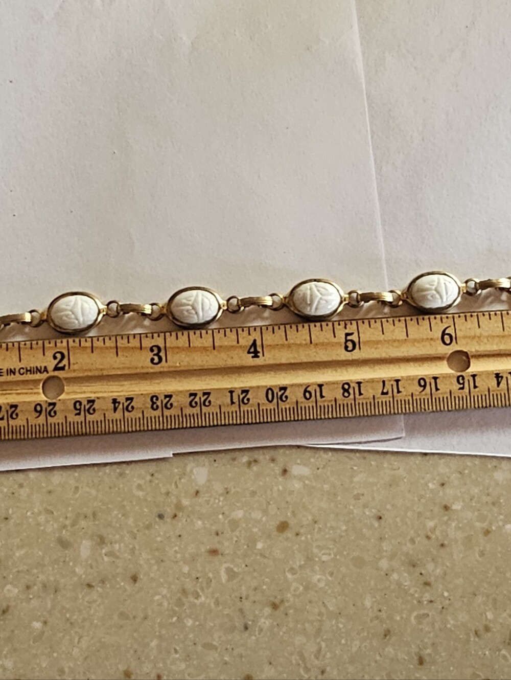 Vintage White Lucite Scarab Bracelet Egyptian Revival Gold Tone Safety Chain